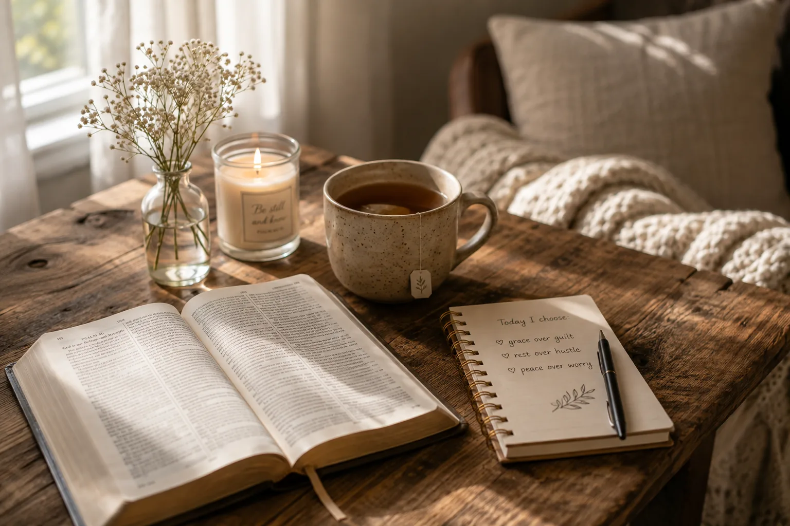 A peaceful faith-filled morning table with an open Bible, tea, candle, and journal
