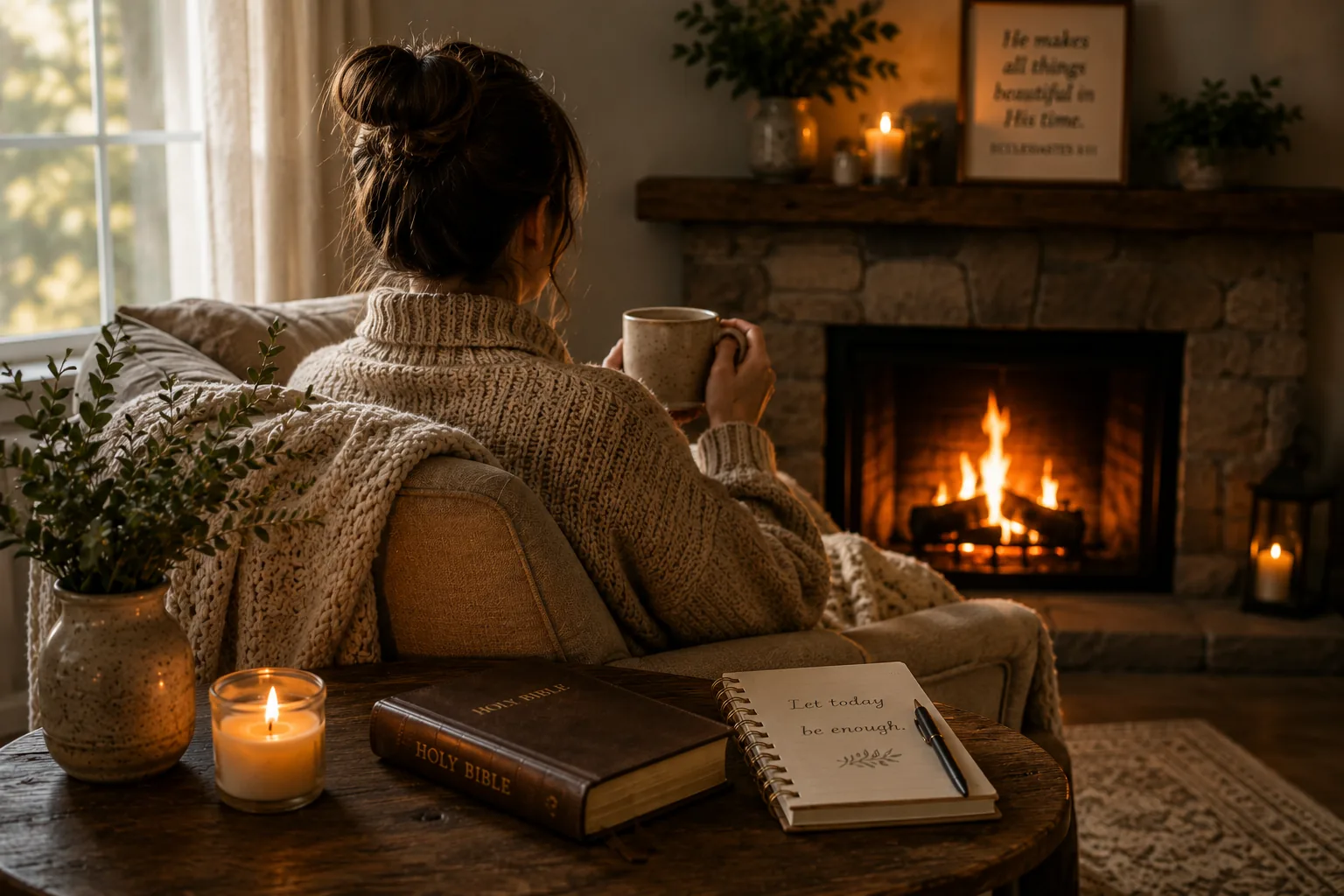 A woman resting by a glowing fireplace with a Bible and journal nearby