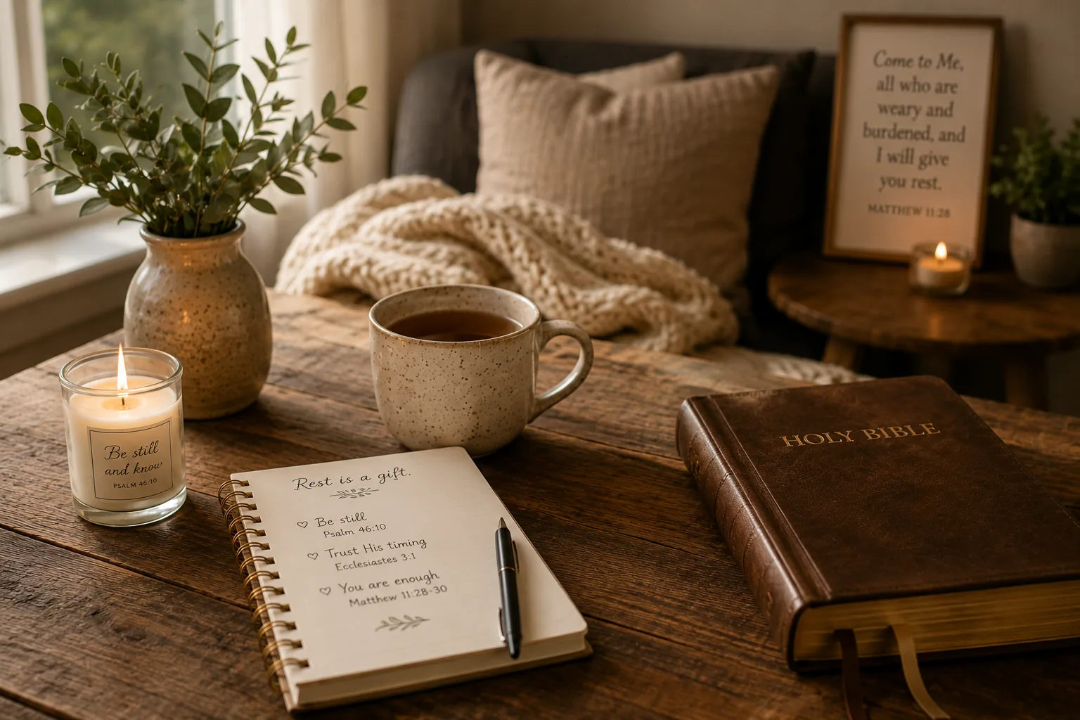A cozy table with tea, a Bible, candlelight, and a journal reminding us that rest is a gift