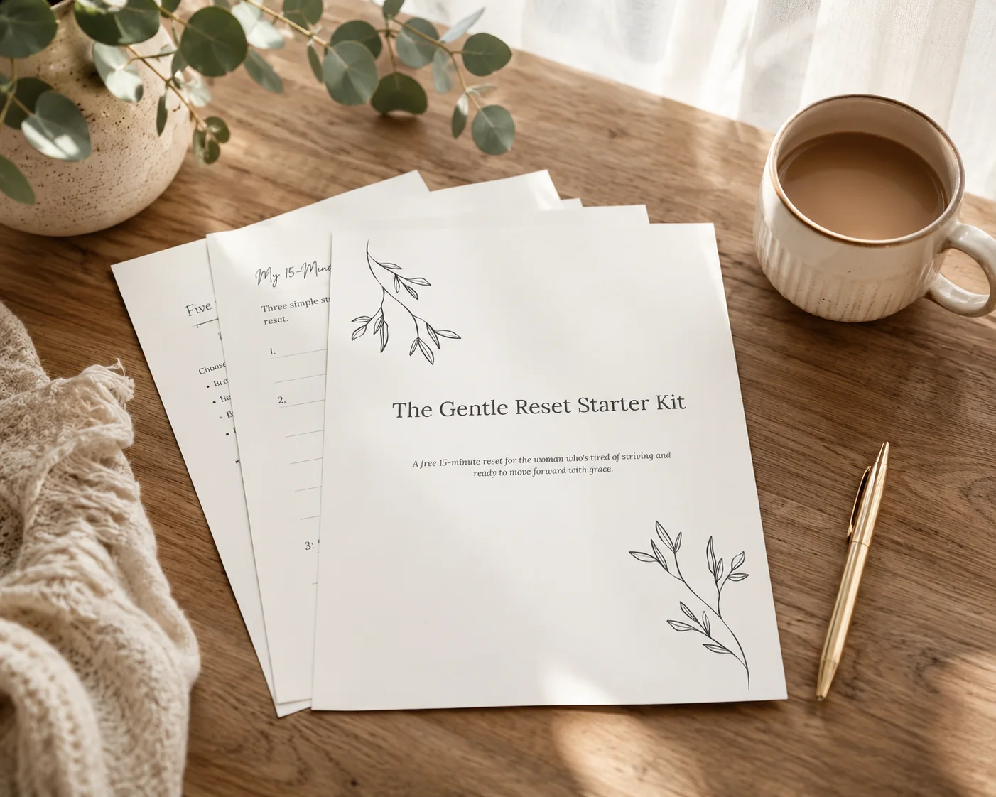 The Gentle Reset Starter Kit cover and pages on a warm wooden table beside a cup of coffee