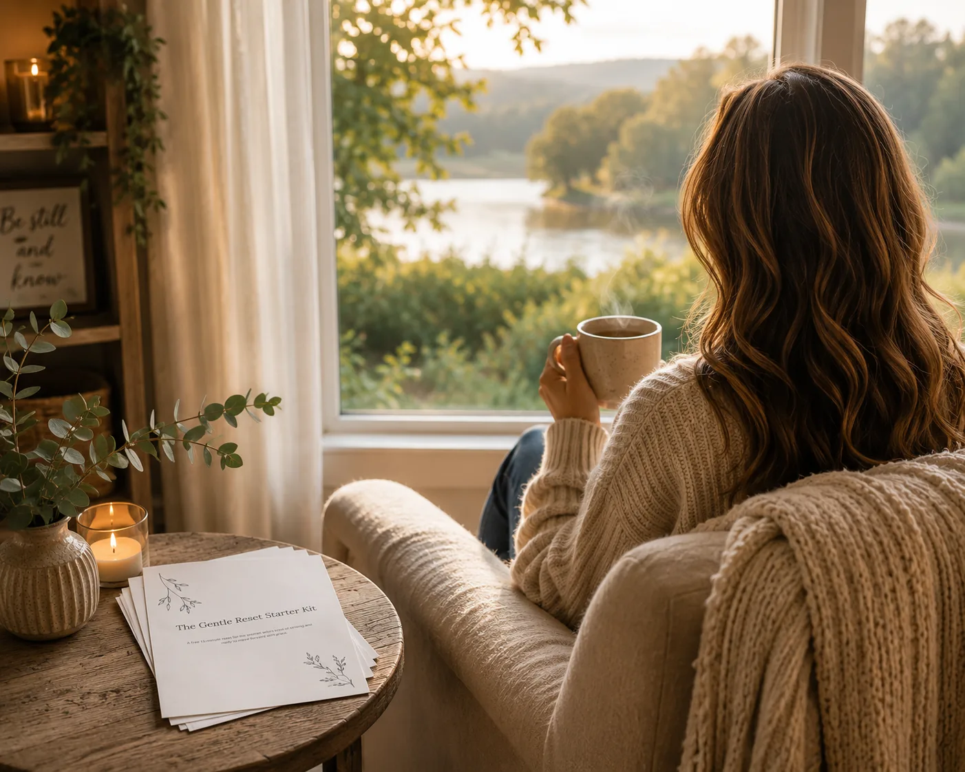 A woman sitting quietly with a warm mug beside a scenic window, creating space to reflect and reset