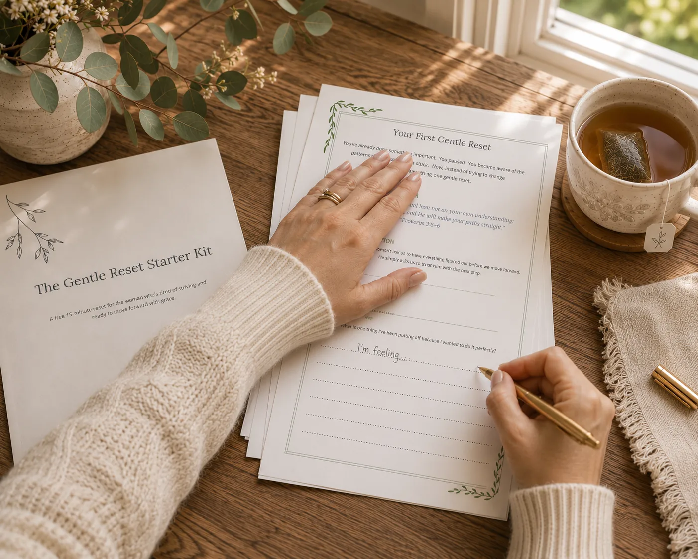 A woman writing in a guided reflection page